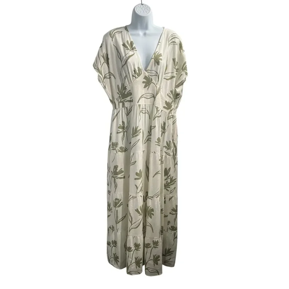 White Closet Elements Linen Blend Cream Olive Green Empire Waist Maxi Dress XL - Picture 2 of 12